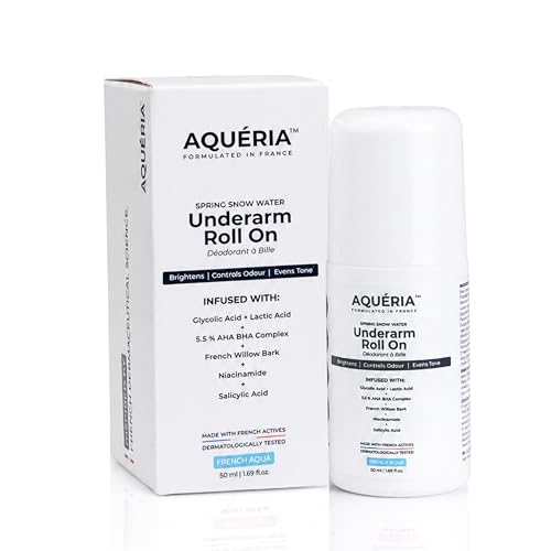Image of Aqueria 5.5% AHA BHA French Underarm Brightening Roll On | 48H Odour Control | Aqua Fragrance with 2% Niacinamide | Multi Actives, Glycolic Acid, Lactic Acid | Prevents Odor, Kills Bacteria | Exfoliates, Reduces Pigmentation & Discoloration for Even-Toned Underarms | Brightens Skin & Exfoliates Underarm | Alcohol & Aluminium Free | Deodorant for Men & Women | 50ml