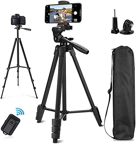 Cell Phone Tripod Stand with Remote, SUMCOO 53" Lightweight Extendable Aluminum Tripod for Camera and Phone Tall with Bluetooth Remote Shutter & Phone Holder, Compatible with iPhone(iOS) & Android