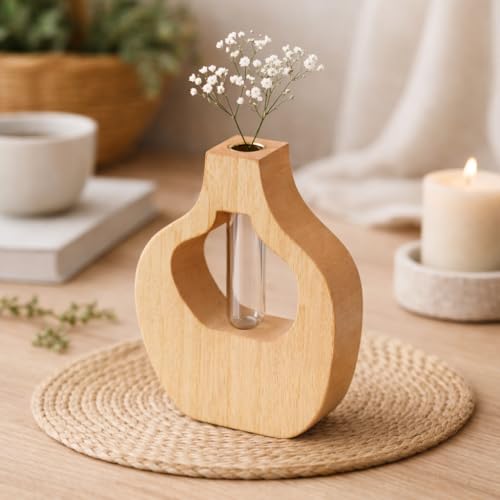Image of CraftVatika Flower Vase Decorative Items for Home, Gift Items for Home Decor, Test Tube Flower Vase with Wooden Base Test Tube Glass Item Office Living Room Decoration, Anniversary Housewarming Gift