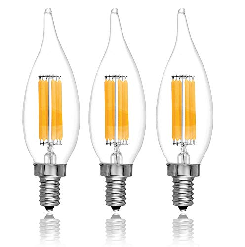 (3 Pack) 6-Watt, LED Filament Candelabra Light Bulbs, 6-Watt, (60-Watt Incandescent Replacement) Flame Tip, Warm White 2700K, 550 Lumens, E12 Candelabra Base, Dimmable, UL-Listed