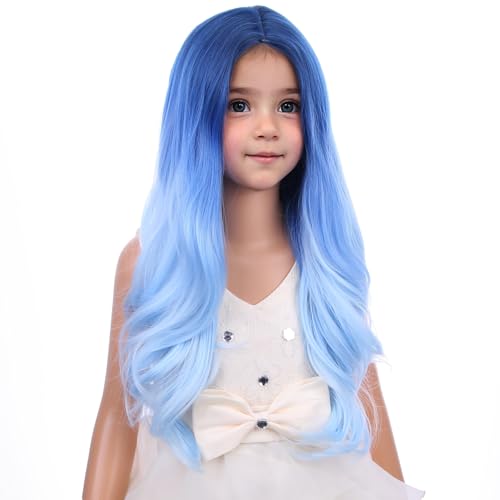 Image of PATTNIUM Kids Long Curly Wavy Blue Wig - Heat Resistant Synthetic Hair Wigs