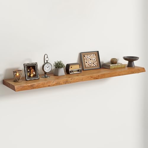 Image of Live Edge Elm Floating Shelves For Wall - 55 inch W x 9.3 inch D Rustic Solid long Wood Shelves with Invisible Bracket, Wall-Mounted Storage & Display Shelf for Living Room Bedroom Kitchen, Set of 1, Natural
