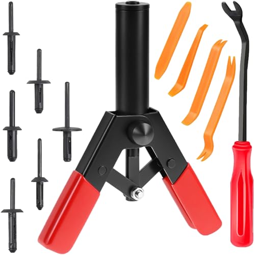 156Pcs Plastic Rivet Gun Kit, Professional Hand Riveter with 150 Nylon Rivets Clip (6 Sizes) & 5 Fastener Removal Tools, Universal Rivet Kit for Automotive-Electronics
