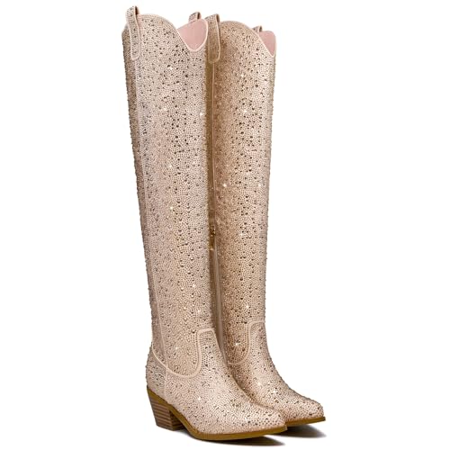 Women's Silver sparkle Rhinestone Over the Knee Cowboy Boots Sexy Glitter Pointed Toe Chunky Heel Zipper Wide Calf Tall Cowgirl Boots Fashion Retro Classic Party Shoes for Girls