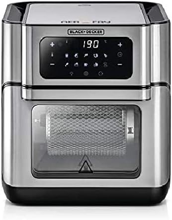 BLACK+DECKER 12L Deep Fryer AOF100-B5 front view with digital display showing 190 degrees and an empty rotisserie basket inside.