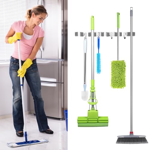 UNIFUN Broom Holder Wall Mount, Broom Organizer Wall Mount Stainless Steel Broom and Mop Hanger Heavy Duty Storage Organization for Home Kitchen Garden Garage Room 5 Racks 4 Hooks - Image 8
