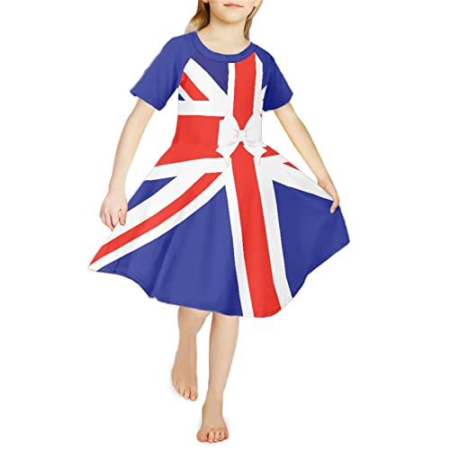 Howilath Vestido con vuelo para niñas y estudiantes, de manga corta, vestido casual de verano, vestido de fiesta, vestidos de Twirly, teñido anudado, floral, estrella, lobo, Bandera británica., 8 Años