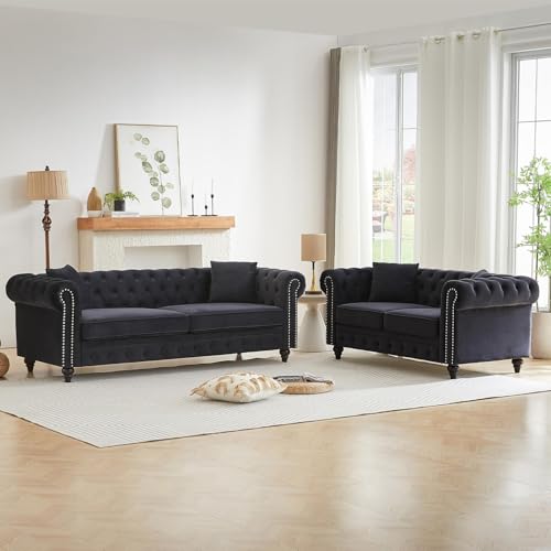 Image of Modern Chesterfield Sofa Set for Living Room, 2 Piece Velvet Fabric Furniture Sets 3 Seater Couch&Loveseat Sofa with Rolled Arms and Tufted Button, Office, Black