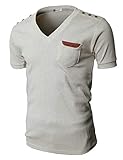 H2H Mens Basic Cotton V-neck T-shirts with Point Shoulder Button Leather Pocket IVORY US S/Asia M (JDSK16)