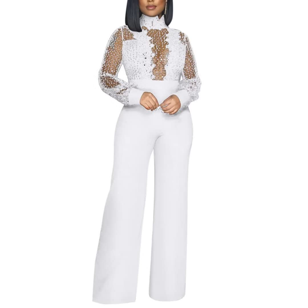 Women Formal Wedding Guest Jumpsuits Floral Lace Long Sleeve Bodycon Wide Leg Party Jumpsuit Romper Clubwear