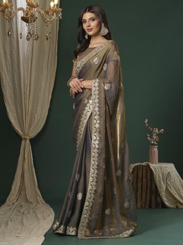 Image of SAREE MALL Women's Satin Silk Embroidered Saree With Unstitched Blouse (KRIYNS4001 KH Parent)