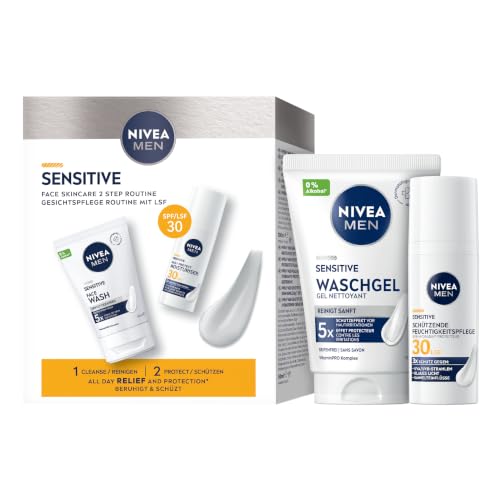 NIVEA MEN Sensitive Waschgel + Gesichtspflege LSF 30 Set Geschenkset mit Gesichtsreiniger (100 ml) & Gesichtscreme (50 ml) Pflegeset für Männer mit empfindlicher Haut