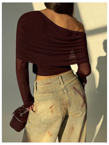 Image of SweatyRocks Women's Sheer Mesh Off Shoulder Tops Long Sleeve Ruched Fitted Crop Tops Night Out Tees