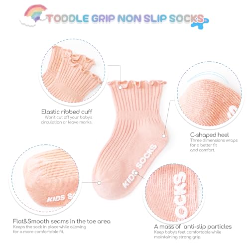 Image of Baby Toddler Girls Socks Grip Ruffle Non Slip Kids Cotton 12 Pack Socks | PREMIUM soft COTTON,full anti-slip grips,6month-7t grippy crew socks for girls,daily school all season wear,cute ruffle