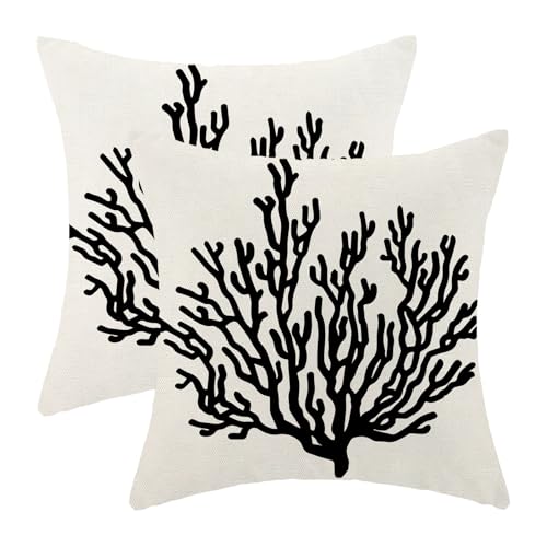 OFIRD Black Pillow Covers 18x18 Pack of 2 Summer Coastal Coral Decorative Throw Pillow Covers,Outdoor Decoration Nautical Ocean Theme Coral Pillowcase Farmhouse Square Cushion Case for Couch Sofa