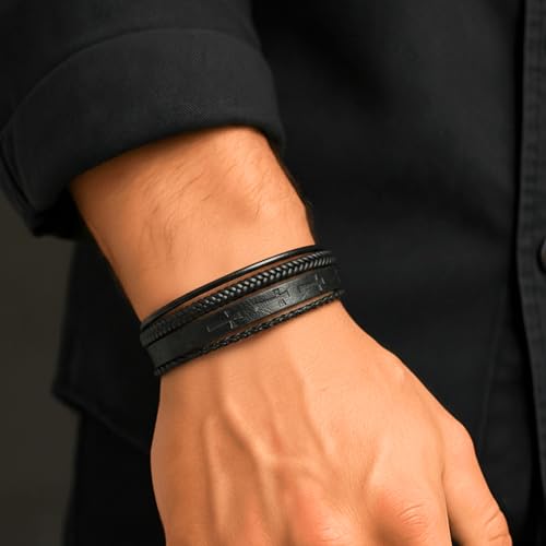 Image of THE MEN THING Leather Bracelet for Men - American Style Genuine Leather Multi-Layer Braided Bracelet with 100% Stainless Steel Magnetic Buckle for Men & Boys (8 inch)
