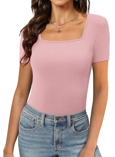 Image of Aokosor Ladies Tops Womens Square Neck Tops Summer Slim Fit Short Sleeve Shirts Ribbed Pink Tops Size 18-20