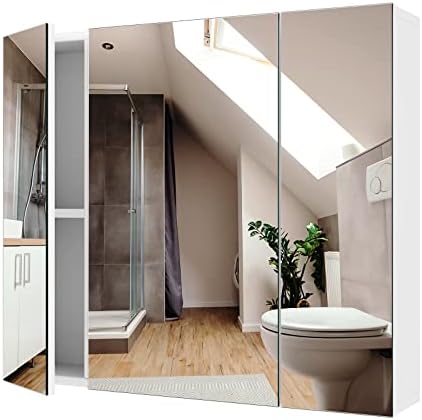 SHUANGZ Bathroom Medicine Cabinet with 3 Doors, 27.6 X 23.6 Inch Wall Mirror Cabinet Multipurpose Storage Organizer Adjustable Shelves, White