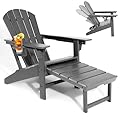 3 Level Adjustable Adirondack Chair with Retractable Ottoman, HDPE All-Weather Fire Pit Chair with Cup Holders, Outdoor Chair for Deck Patio Garden Backyard Lawn,Grey