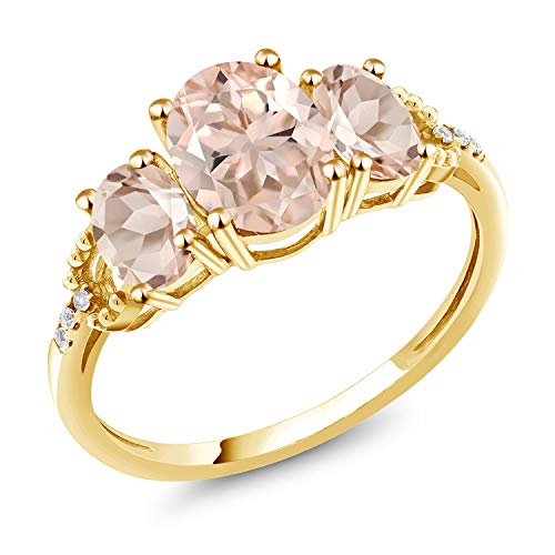 Gem Stone King 2.04 Cttw 10K Yellow Gold Peach Morganite and Accent Diamond 3-Stone Engagement Ring | 3 Stone Wedding Anniversary Promise Gold Ring For Women | Available In Size 5, 6, 7, 8, 9