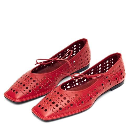 Seborluys Lace Up Ballet Flats for Women Square Toe Mary Jane Flats Bow Slip On Leather Comfortable Ballerina Shoes