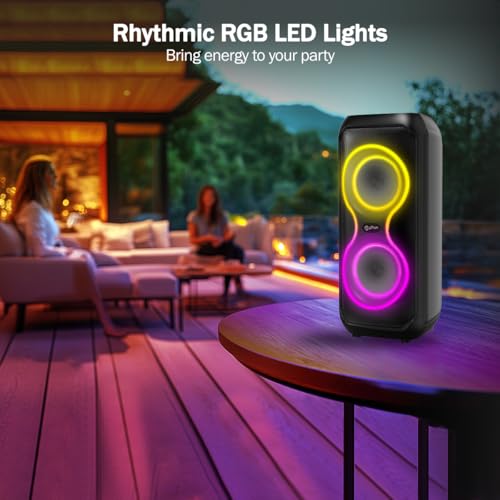 Image of pTron Fusion ONE 48W Bluetooth Party Speaker w /Pristine Stereo Sound, Dual 4 inch Neo Drivers, Rhythmic RGB Lights, 6Hrs Playtime, BT5.3 /Aux /TF Card /USB Playback Modes, Type-C Charging (Jet Black)