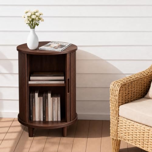 Image of DHH Round End Table with Storage & Charging Station, Fluted Accent Side Table with Sliding Door & Adjustable Shelf, Mid-Century Nightstand for Small Spaces, Living Room, Bedroom (1, Walnut)