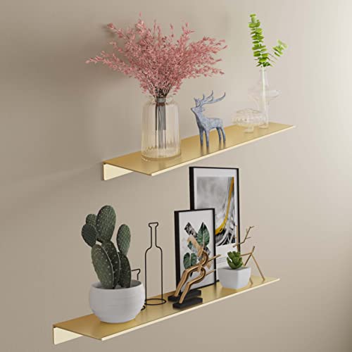 Veefos 19.7 Inch Gold Floating Shelves, 2 Sets Bathroom Shelves Organizer Wall Mounted, Metal Wall Shelf Makeup Organizer Storage Shelf Display Picture Ledge Wall Decor For Living Room Kitchen #TOP5