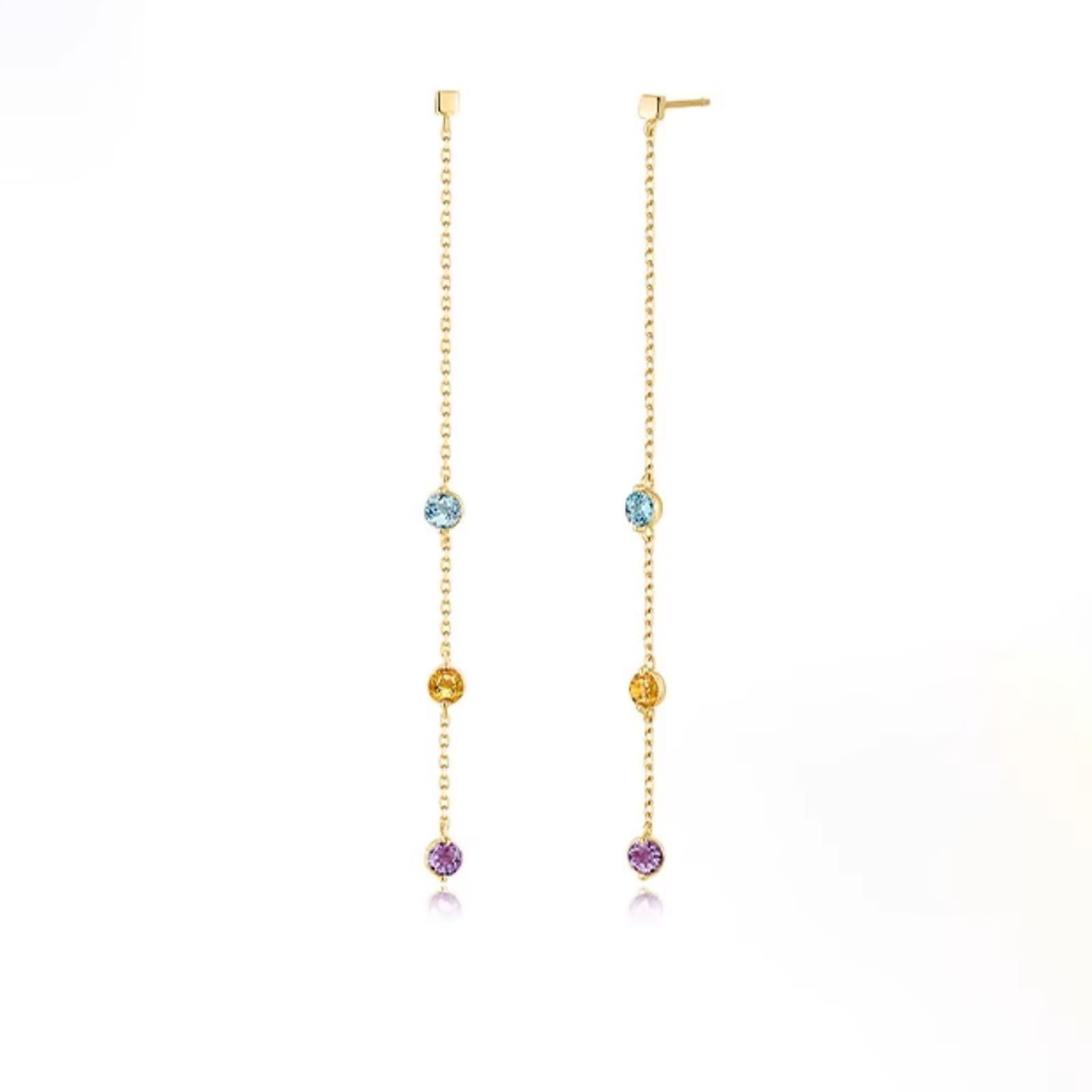Damen Gelbgold Ohrringe 9K / 14K / 18 Karat, Lange Kette mit Topas Citrin Amethyst, Schmuck Ohrringe Frauen Gold Mehrfarbig