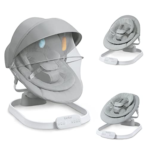 Image of Bioby Baby Swing for Infants with 5 Speed Unique U-Shaped Motions, Portable Baby Bouncer with 3 Seat Positions & USB Charging for Indoor and Outdoor, Bluetooth Baby Swing for 5-20 lb, 0-10Months Gray