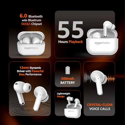 Image of Amazon Basics TWS Wireless in Ear Earbuds, Bluetooth 6.0 Earphones with Mic, 55H Playtime, Bluetrum 5656A Chipset, Compact 500 mAh Charging Case, Clear Calls, Ergonomic Design (White)