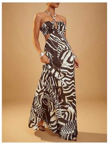 Verdusa Women's Cut Out Ruched Halter Dress Zebra Striped Backless Sleeveless Flowy Dresses3