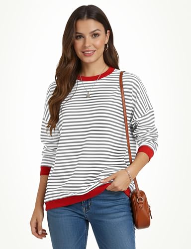 Image of Womens 2025 Long Sleeve Sweaters Casual Crewneck Striped Color Block Drop Shoulder Tops Lightweight Cute Fashion Knitted Pullover Outfits Ladies Fall Jumpers Clothes Y2K Trendy Grey and White