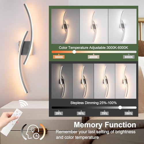 Image of Battery Operated Wall Sconce Set of 2,Brushed Nickel Wall Sconces with Remote Control,3000K-6000K Modern LED Wireless Wall Light for Living Room, Hallway, Bedroom, 31.89 Inch (2 Pack)