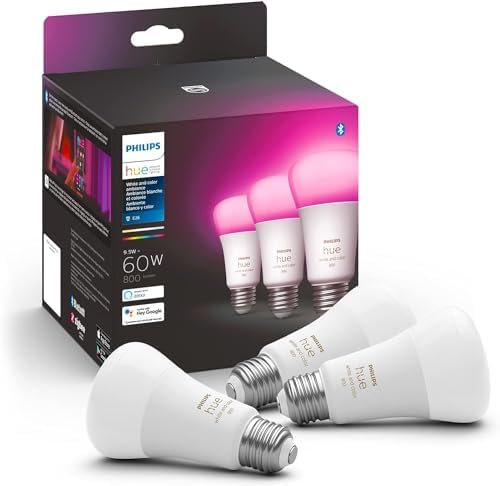 Philips Hue A19 LED Smart Light Bulb - White and Color Ambiance - 60W Indoor Light Bulb - Control with Hue App - Works with Alexa, Google Assistant and Apple Homekit - 3 Pack