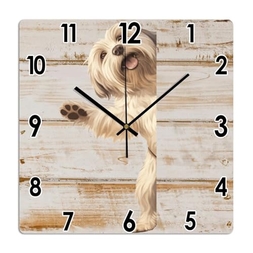 Lhassa Apso Horloge murale carrée en bois avec motif chien regardant autour du coin Fonctionnement à piles Silencieuse sans tic-tac rétro pour restaurant,...