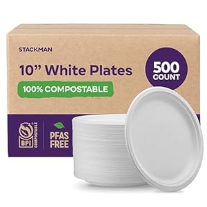 100% Compostable Paper Plates 10 Inch Bulk [500 Count] Heavy-Duty Dinner Plates – Natural White Color Unbleached Bagasse – Eco-Friendly Disposable Biodegradable Sugarcane Plates – [Case 4/125 Pack]