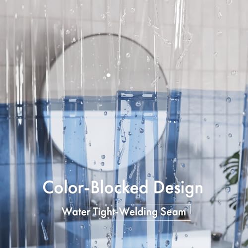 Image of AmazerBath 100% EVA Shower Curtain Liner, 72 x 72 Inches Heavy Duty Shower Curtain and Liner 2-in-1 with 3 Clear Stones and 12 Brass Grommets, Color Block Soft Shower Liner - Clear & Ocean Blue