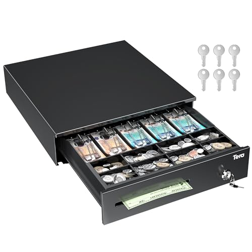 Tera 16 Cash Register Drawer Auto Open 42 x 40.5 x 10.4 cm with 5 Bill 8 Coin Cash Tray 6 Keys Removable Coin Compartment Key-Lock 24V RJ12 Interface Media Slot for POS System Shop Business 4042G
