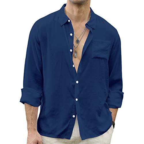 Ctu Men's Fashion Summer Casual Button Down Shirt Long Sleeve Solid Color Holiday Beach Shirts Navy #TOP1