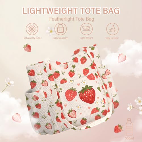 Watercolor Strawberry Corduroy Tote Bag for Women, Cute Shoulder Bag - image 7
