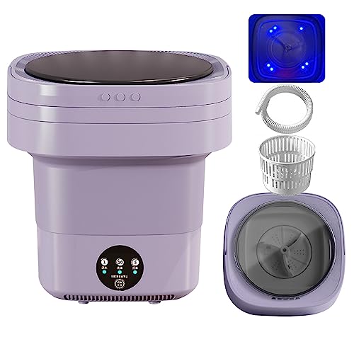 Portable Washing Machine Mini Washer with Drain Basket, Foldable Small Washer Deep Cleaning for Underwear, Socks, Baby Clothes, Travel, Camping, RV, Dorm, Apartment (Purple+Blue Light)