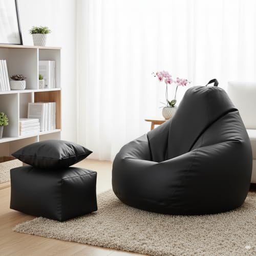 Image of 4XL Premium Leatherette Bean Bag with Rectangular Footrest & 16x16 Inch Cushion | High Density Beans Filled | Side Pocket & Easy to Carry Handle | 6 Months Warranty Color- (Black, 4XL)