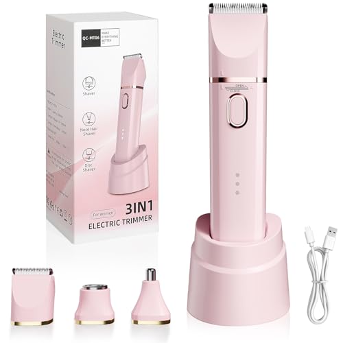 Bikini Trimmer for Women: 3 in 1 Gentle&Painless Electric Razor for Women,120min Cordless Runtime,USB Charge Dock,Ceramic Blade,IPX7 Waterproof Wet & Dry Use &Easy Cleaning Travel Grooming Kit (Pink)