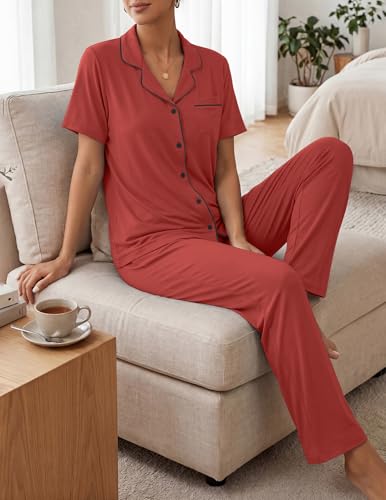 Image of ZMJ Womens Pajamas Sets 2 Piece Button Up Pj Sets Short Sleeve with Long Pant Brick Red S