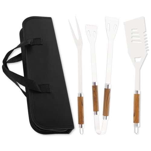 FwQoFvk Stainless Steel BBQ Tool Set with Wooden Handle, Barbecue Spatula Fork Clip with Storage Bag, BBQ Grilling Tool Sets for Outdoor, Camping, Backyard