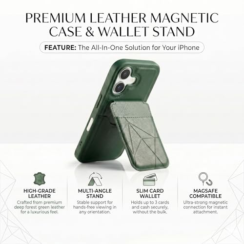 Image of amazon basics Premium Vegan Leather Back Cover with Card Holder and Integrated Mobile Stand for iPhone 16 - Slim Shockproof Wallet Case with Geometric Stitching [Green]