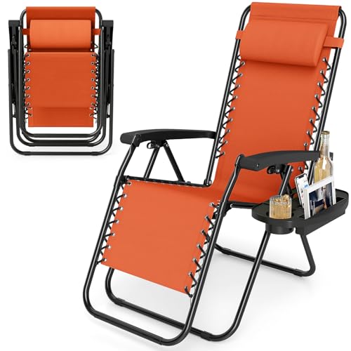 Goplus Zero Gravity Chair, Portable Patio Recliner with Adjustable Backrest & Pillow, Cup Holder Tray, Mesh Seat, Armrests, Ergonomic Folding Lounger Chair for Camping, Poolside, Patio (Single,Orange)
