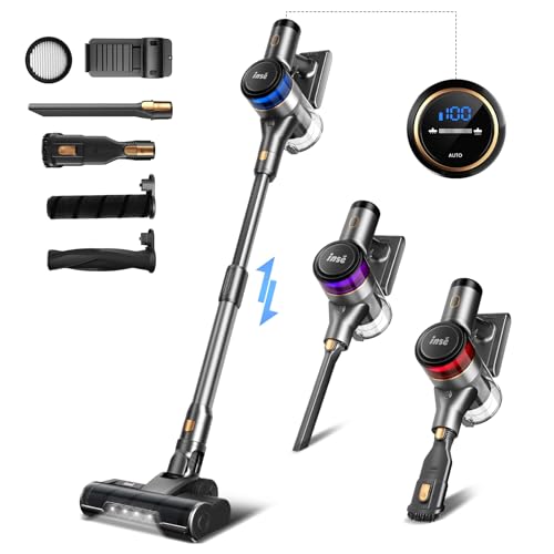INSE Cordless Vacuum Cleaner, 400W Stick Vacuum with 30Kpa Powerful Suction, 55min Runtime, Smart Induction Auto-Adjustment, Rechargeable Vacuum Cleaners for Home Carpet Floor Pet Hair, LED Display-S9