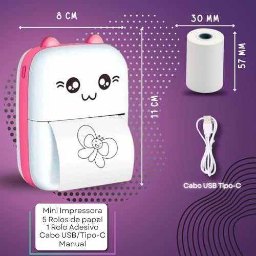 Mini Impressora Térmica Portátil Sem Fio BT 200dpi - Impressão de Etiquetas e Notas + 1 Rolo de Pape